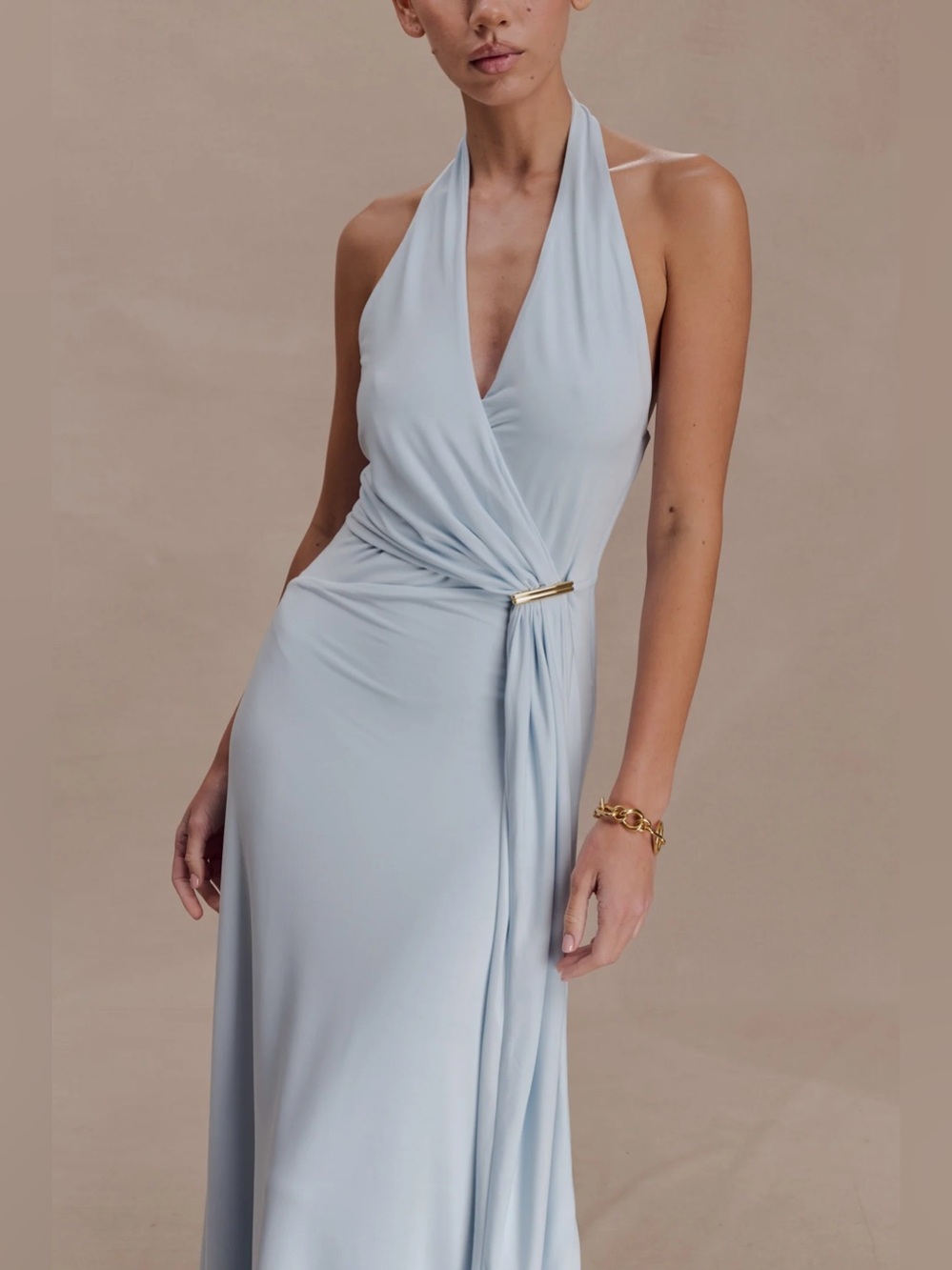 Meshki Pale Blue Halter Backless Maxi Dress with Wrap Detail